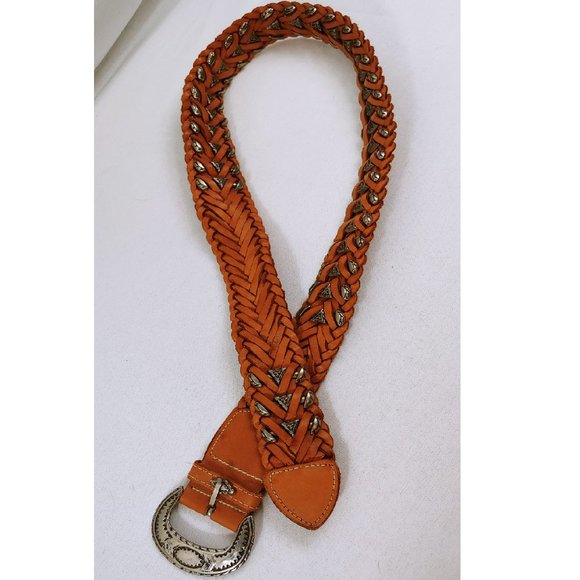 Braided Leather M Belt Made in Turkey Silver Metal Accents and Buckle